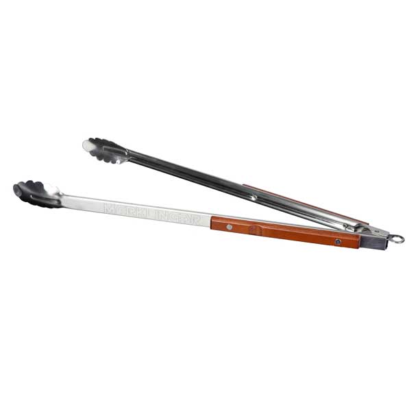 MERKLINGER Grillzange – Edelstahl mit Holzgriff, gezahnte Spitze.“