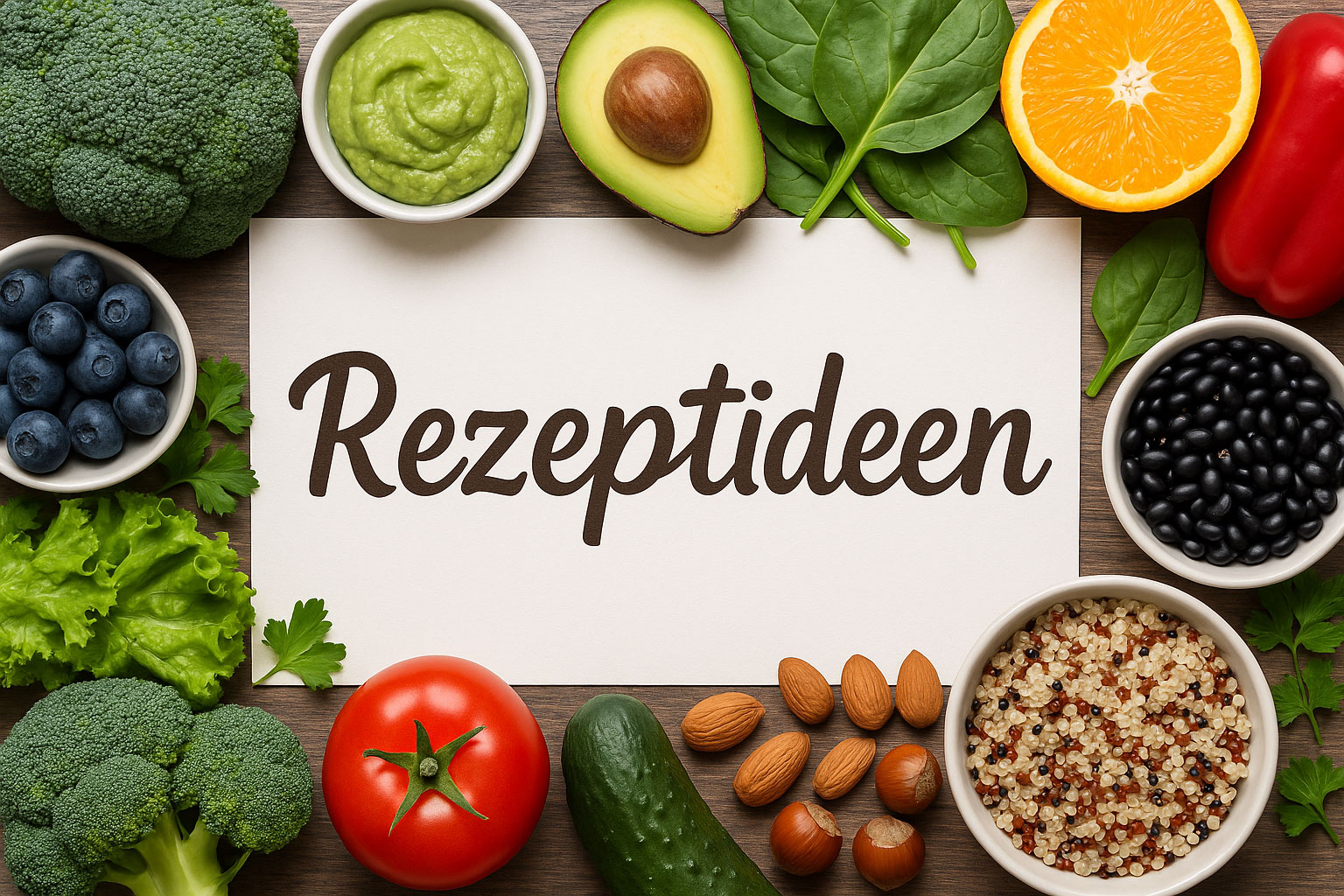 Zutaten-Collage, Healthy Food, Obst & Gemüse, pflanzenbasiert, Clean Eating Rezep„Rezeptideen“ – weiße Karte umrahmt von frischem Obst, Gemüse, Nüssen, Bohnen und Quinoa in leuchtenden Farben.tideen