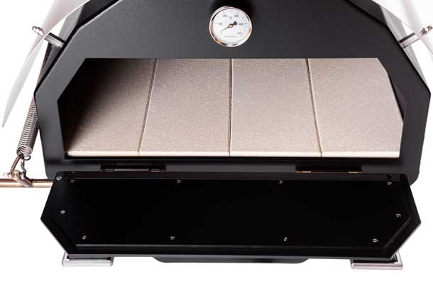 Ofen ohne Fronttür mit Feuerraum Offener Feuerraum des MERKLINGER 800er Holzbackofen-grill-pizzaofen-Brotbackofen Holzbackofen mit Kamin Einbau Edition mit Schamotte-Steinen
