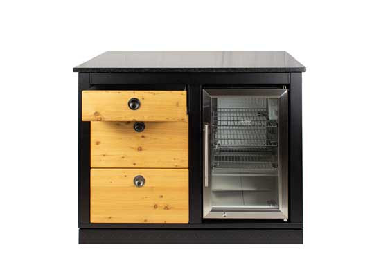 MERKLINGER Außenküchenmodul mit offenem oberen Schub und Glastür-Kühlschrank, Front