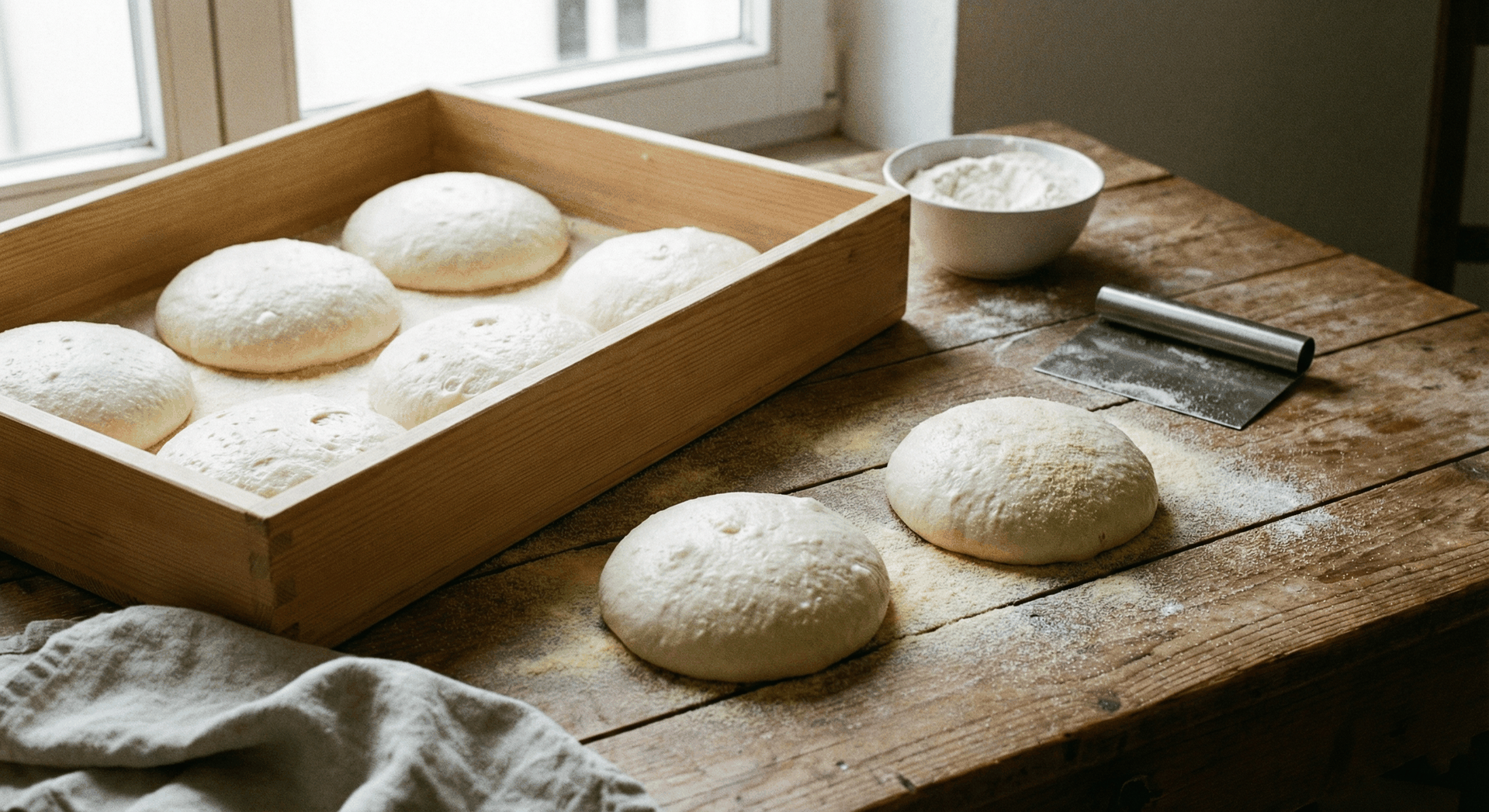 Fertige Pizzateigline auf einem Holztisch