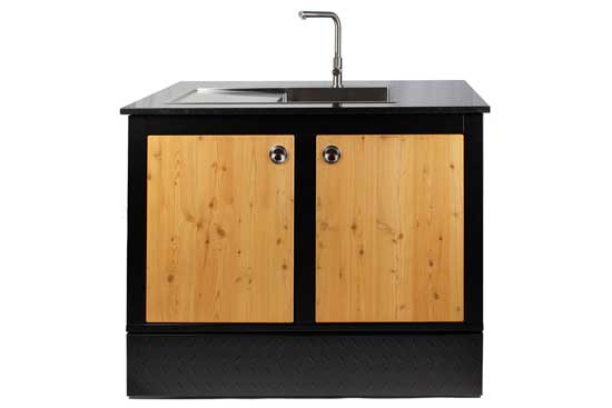 MERKLINGER Spülmodul "TONI" mit Granitplatte, Edelstahlspüle und Armatur, Front mit zwei Holztüren, auf Sockelsystem