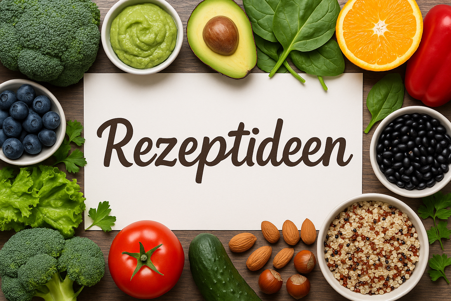 Rezep„Rezeptideen“ – weiße Karte umrahmt von frischem Obst, Gemüse, Nüssen, Bohnen und Quinoa in leuchtenden Farben.tideen