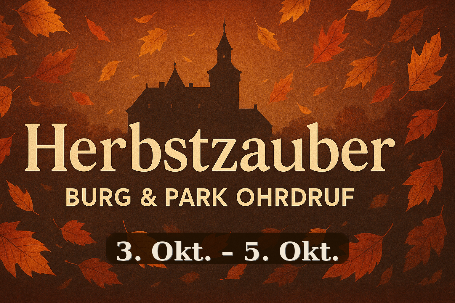 Veranstaltungsbanner ‚Herbstzauber‘ in warmen Herbsttönen, Burg-Silhouette, Termin 3. Okt. – 5. Okt., Ohrdruf.